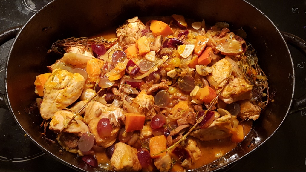 An image of Coq au Riesling with Squash and Mushrooms